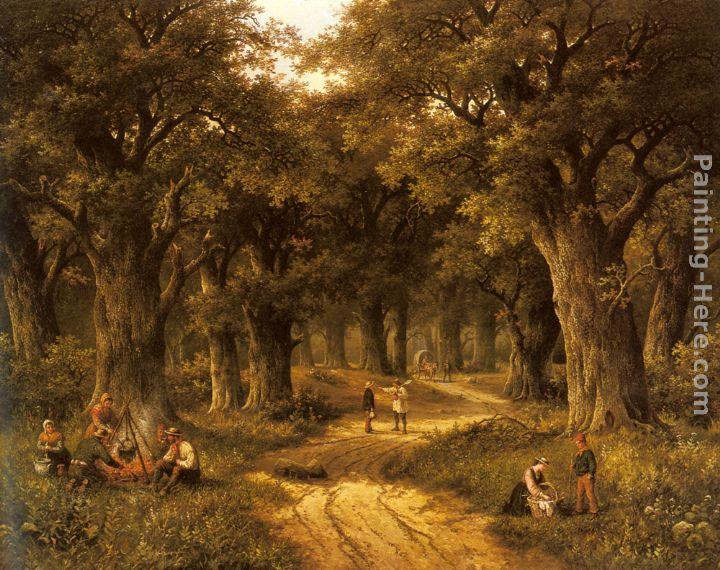 Hendrik Barend Koekkoek Peasants Preparing a Meal near a Wooded Path